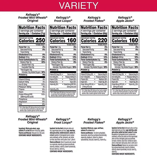 An image of the nutrition facts for Kelloggs Variety Pack, 23.4 oz., 12 pk., featuring Frosted Mini-Wheats Original, Froot Loops, Frosted Flakes, and Apple Jacks from Vegas Party Favors. Each panel details serving size, calories, and nutrients for a balanced breakfast.