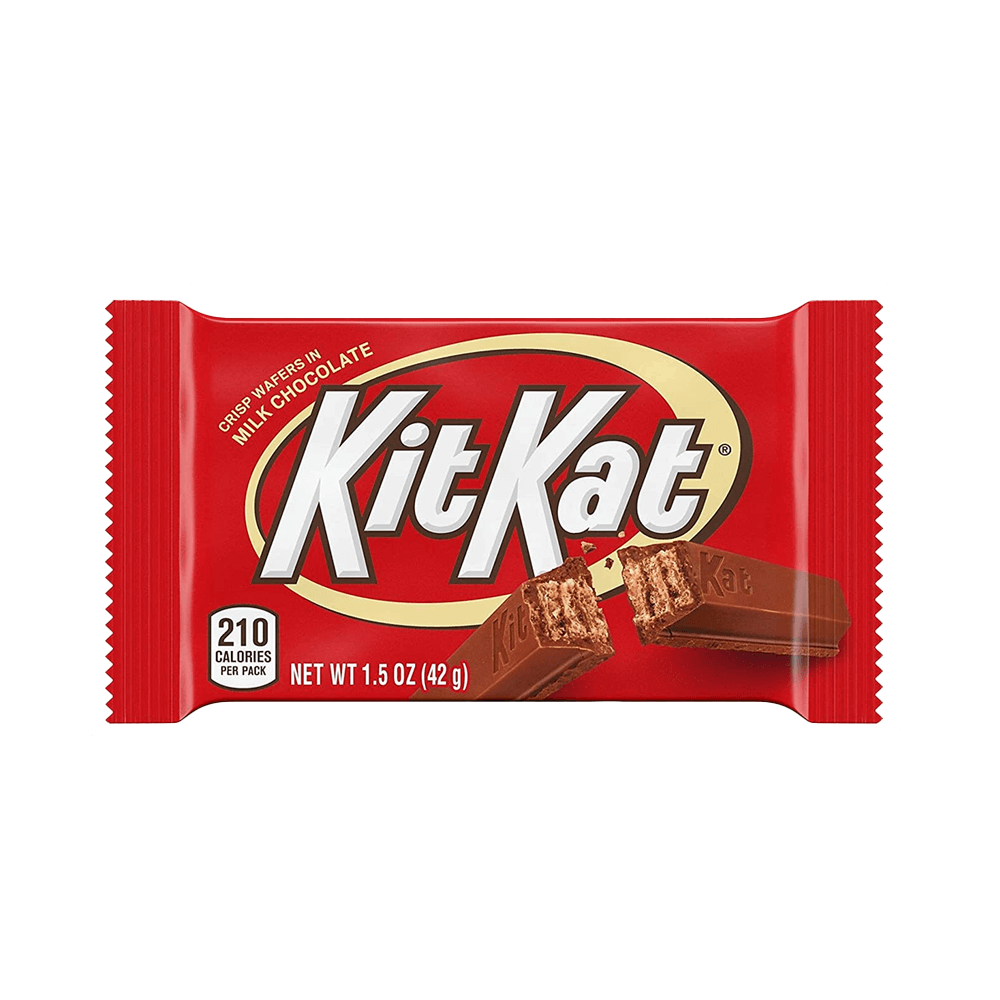 The KIT KAT Milk Chocolate Wafer Candy Bar by Vegas Party Favors comes in a 1.5 oz red wrapper featuring the classic white logo, containing two delicious bars with 210 calories.