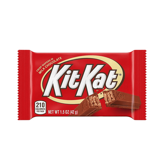 The KIT KAT Milk Chocolate Wafer Candy Bar by Vegas Party Favors comes in a 1.5 oz red wrapper featuring the classic white logo, containing two delicious bars with 210 calories.