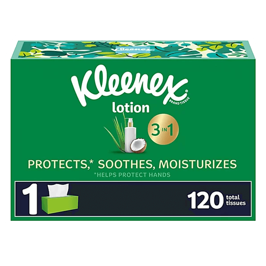 The Vegas Party Favors Kleenex Soothing Lotion Facial Tissues box contains 120 tissues with coconut oil and aloe vera, offering 3 in 1 benefits: protects, soothes, and moisturizes. The packaging includes a charming tissue box icon with coconut and aloe illustrations.