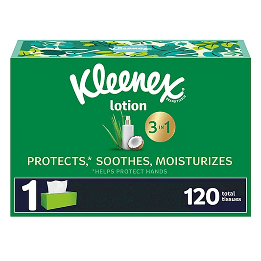 The Vegas Party Favors Kleenex Soothing Lotion Facial Tissues box contains 120 tissues with coconut oil and aloe vera, offering 3 in 1 benefits: protects, soothes, and moisturizes. The packaging includes a charming tissue box icon with coconut and aloe illustrations.