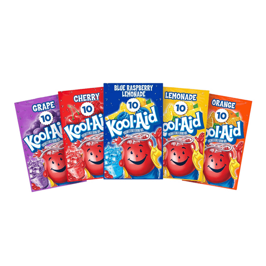 The Kool-Aid Unsweetened Fruit Variety Zero Calories Powdered Drink 5 Pack by Vegas Party Favors features five caffeine-free packets with grape, cherry, blue raspberry lemonade, lemonade, and orange flavors—all sporting a smiling face logo.