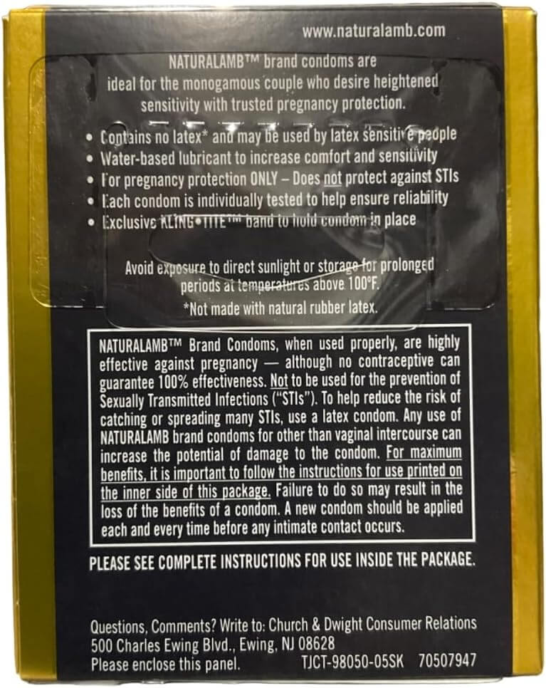 The back of the Trojan Natural Lamb Condoms 3Pk box from Vegas Party Favors highlights features like enhanced sensitivity and latex-free material, suitability for water-based lubricants, electronic testing assurances, STI caution, storage tips, and contact information.