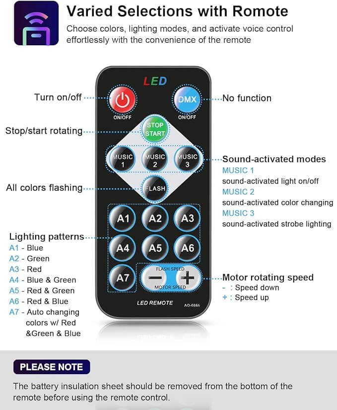The Vegas Party Favors Luditek Sound Activated Party Lights remote has labeled buttons for power, stop/start, color modes, lighting patterns, sound activation, and motor speed. Ideal for disco balls or party lights with a note to remove battery insulation before use.