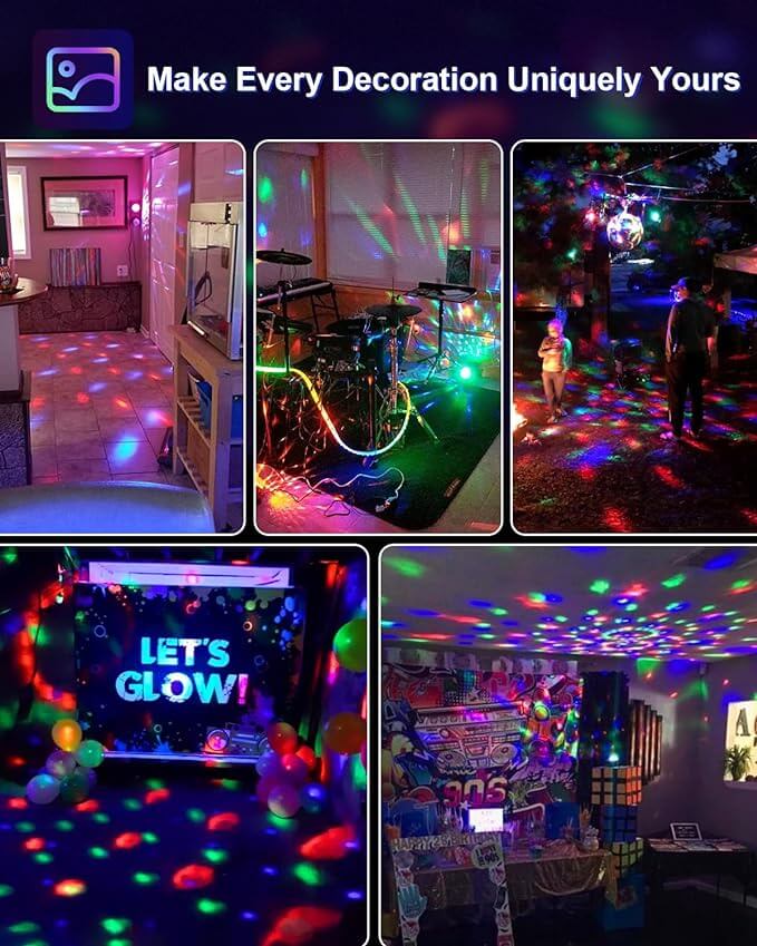 A collage of rooms and outdoor spaces showcases vibrant lighting and decor featuring drumming, disco ball light, and glowing parties. Text reads Make Every Decoration Uniquely Yours and Lets Glow. Vegas Party Favors Luditek Sound Activated Party Lights set the perfect mood with sound-activated scenes.