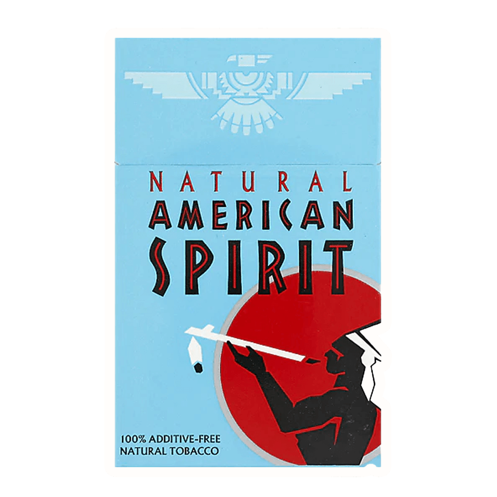 American Spirit Light Blue pack featuring 100% additive-free natural tobacco in a striking design.