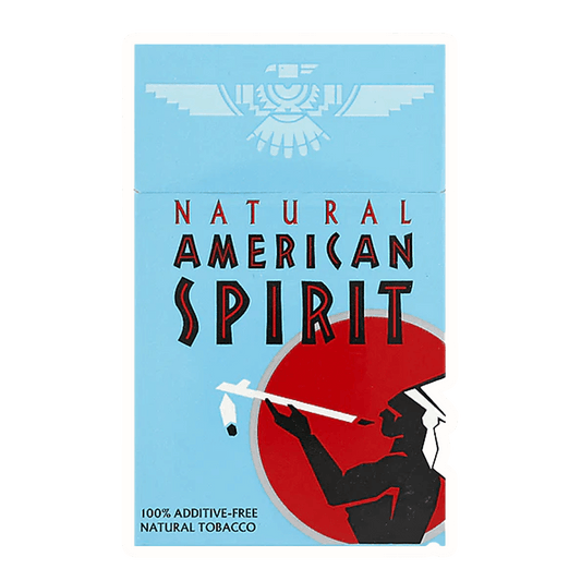 American Spirit Light Blue pack featuring 100% additive-free natural tobacco in a striking design.