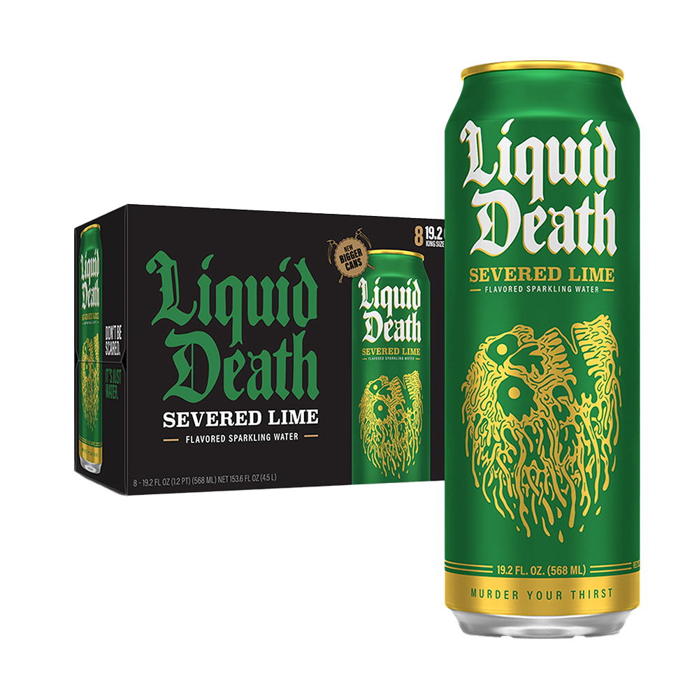 A tall green Liquid Death 19.2 oz King Size Can by Vegas Party Favors stands next to an open box with seven more, featuring lime graphics and bold text, promoting refreshing electrolytes in every sip.