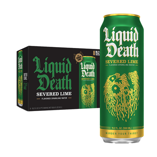 A tall green Liquid Death 19.2 oz King Size Can by Vegas Party Favors stands next to an open box with seven more, featuring lime graphics and bold text, promoting refreshing electrolytes in every sip.