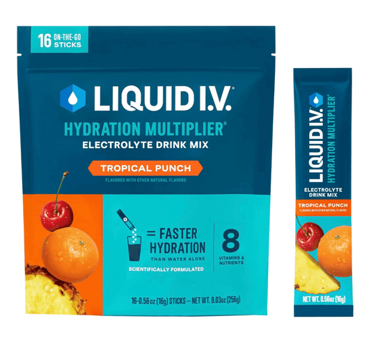 Image of Vegas Party Favors Liquid I.V.® Hydration Multiplier® Strawberry Lemonade packaging shows a large bag labeled Strawberry Lemonade and a single stick. This electrolyte drink mix claims faster hydration, featuring a science-backed formula with 8 vitamins, nutrients, and natural flavors.