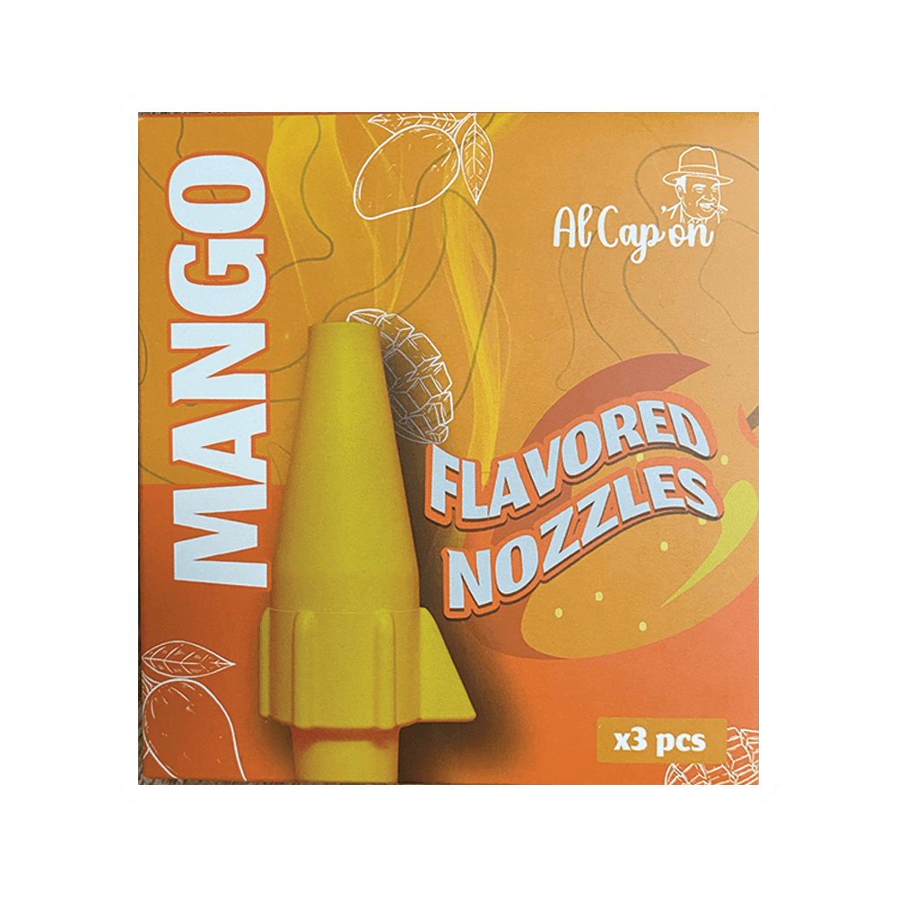 Image of a Vegas Party Favors package displaying Al Capone Flavored Frothing Tips. The orange and yellow design features the text Mango Flavored Nozzles x3 pcs with mango illustrations encircling a large yellow nozzle image.