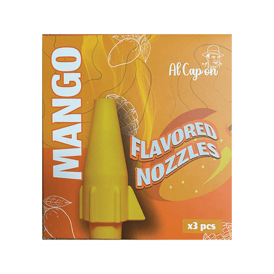 Image of a Vegas Party Favors package displaying Al Capone Flavored Frothing Tips. The orange and yellow design features the text Mango Flavored Nozzles x3 pcs with mango illustrations encircling a large yellow nozzle image.