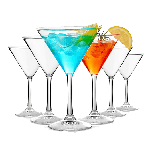 Six unbreakable martini glasses by Vegas Party Favors are lined up; two hold cocktails—a blue one with ice and lemon, and an orange one with cherry and lemon—while the remaining four stay empty.