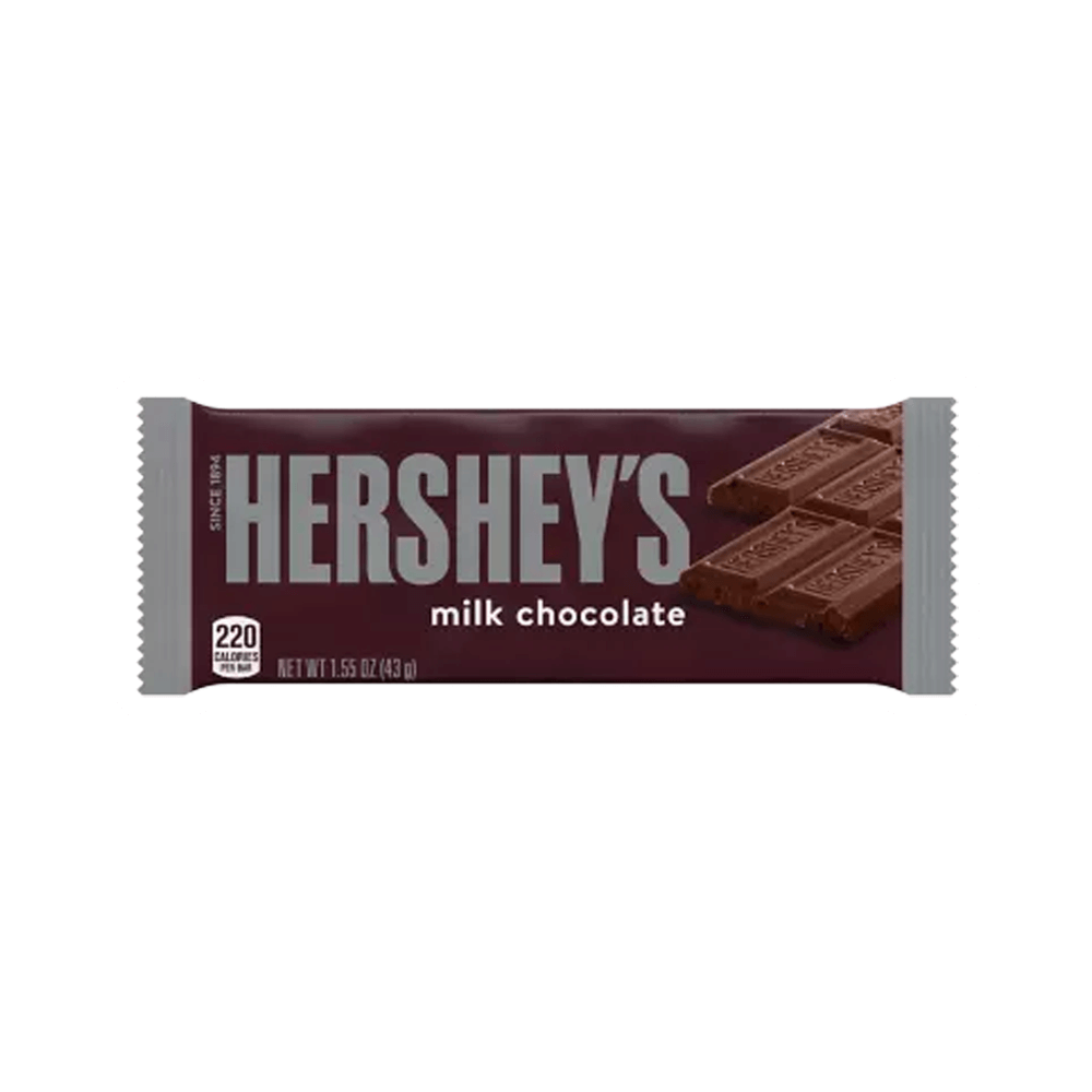 The Hershey Candy Bar Milk Chocolate 1.55 oz by Vegas Party Favors has classic brown packaging with gray edges, featuring bold white HERSHEYS text and an image of segmented chocolate pieces on the right.