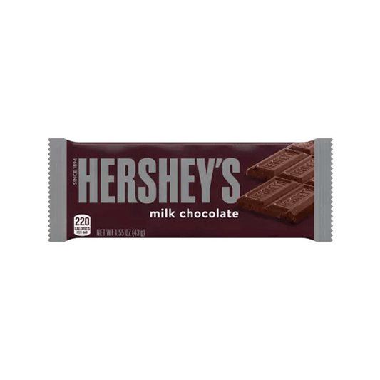 The Hershey Candy Bar Milk Chocolate 1.55 oz by Vegas Party Favors has classic brown packaging with gray edges, featuring bold white HERSHEYS text and an image of segmented chocolate pieces on the right.