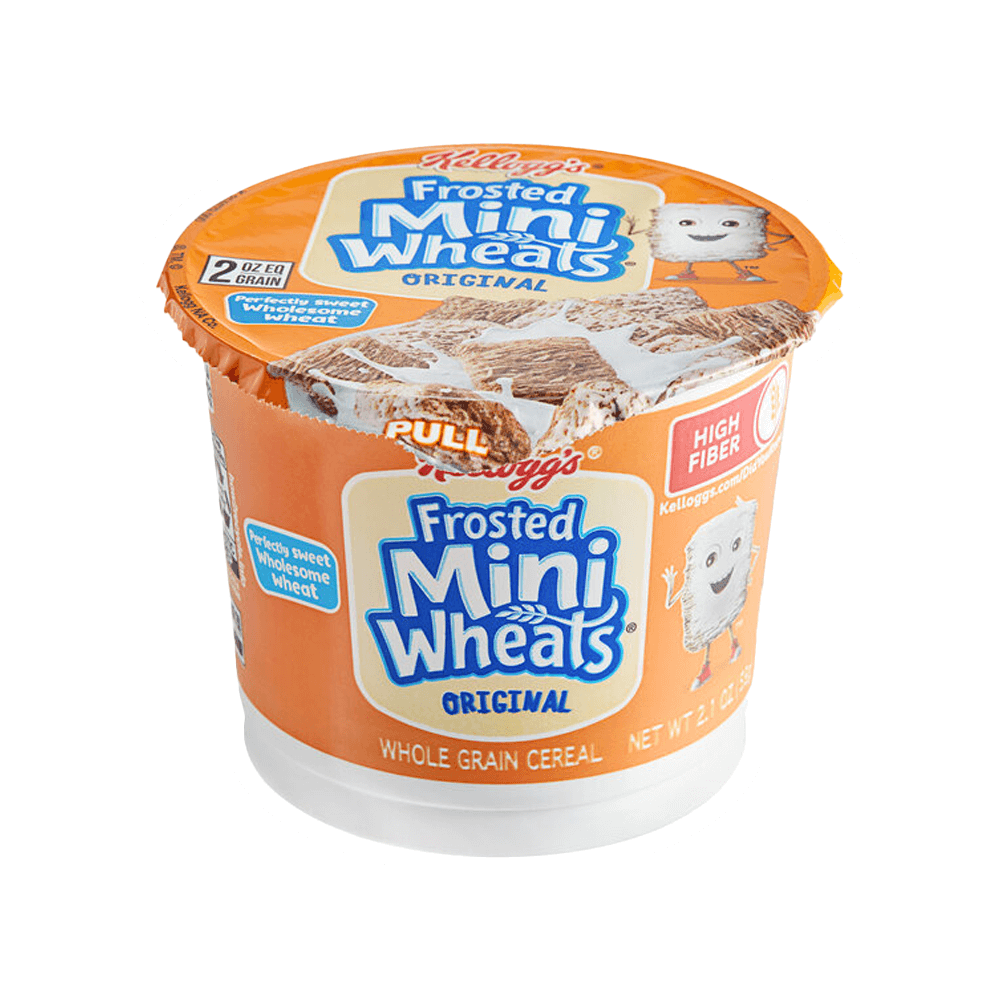 The 2.1 oz single-serve cup of Vegas Party Favors Kelloggs Frosted Mini-Wheats Bite Size Cereal comes in orange packaging with blue and white text, featuring a cartoon wheat character. It highlights High Fiber and whole grain content, making it a nutritious breakfast option.