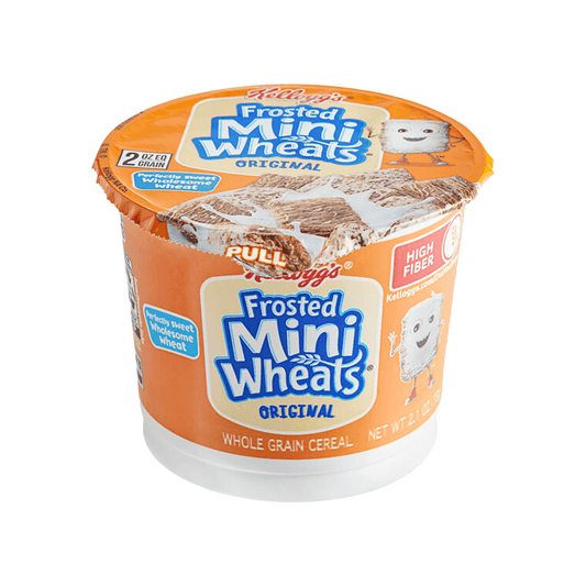 The 2.1 oz single-serve cup of Vegas Party Favors Kelloggs Frosted Mini-Wheats Bite Size Cereal comes in orange packaging with blue and white text, featuring a cartoon wheat character. It highlights High Fiber and whole grain content, making it a nutritious breakfast option.