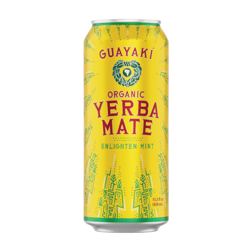 The yellow tall can of Vegas Party Favors Guayaki Yerba Mate in Enlighten Mint flavor features green decorative patterns and the brand logo, offering a naturally caffeinated boost.