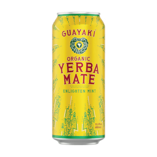 The yellow tall can of Vegas Party Favors Guayaki Yerba Mate in Enlighten Mint flavor features green decorative patterns and the brand logo, offering a naturally caffeinated boost.