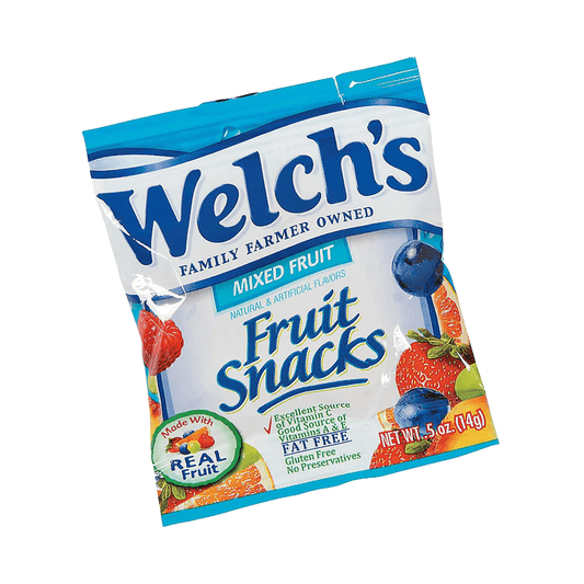 Welchs Mixed Fruit Snack by Vegas Party Favors features assorted fruit images like grapes and strawberries on its 0.5 oz pack. It is made with real fruit, gluten-free, rich in vitamins A, C, E, fat-free, and contains no preservatives.