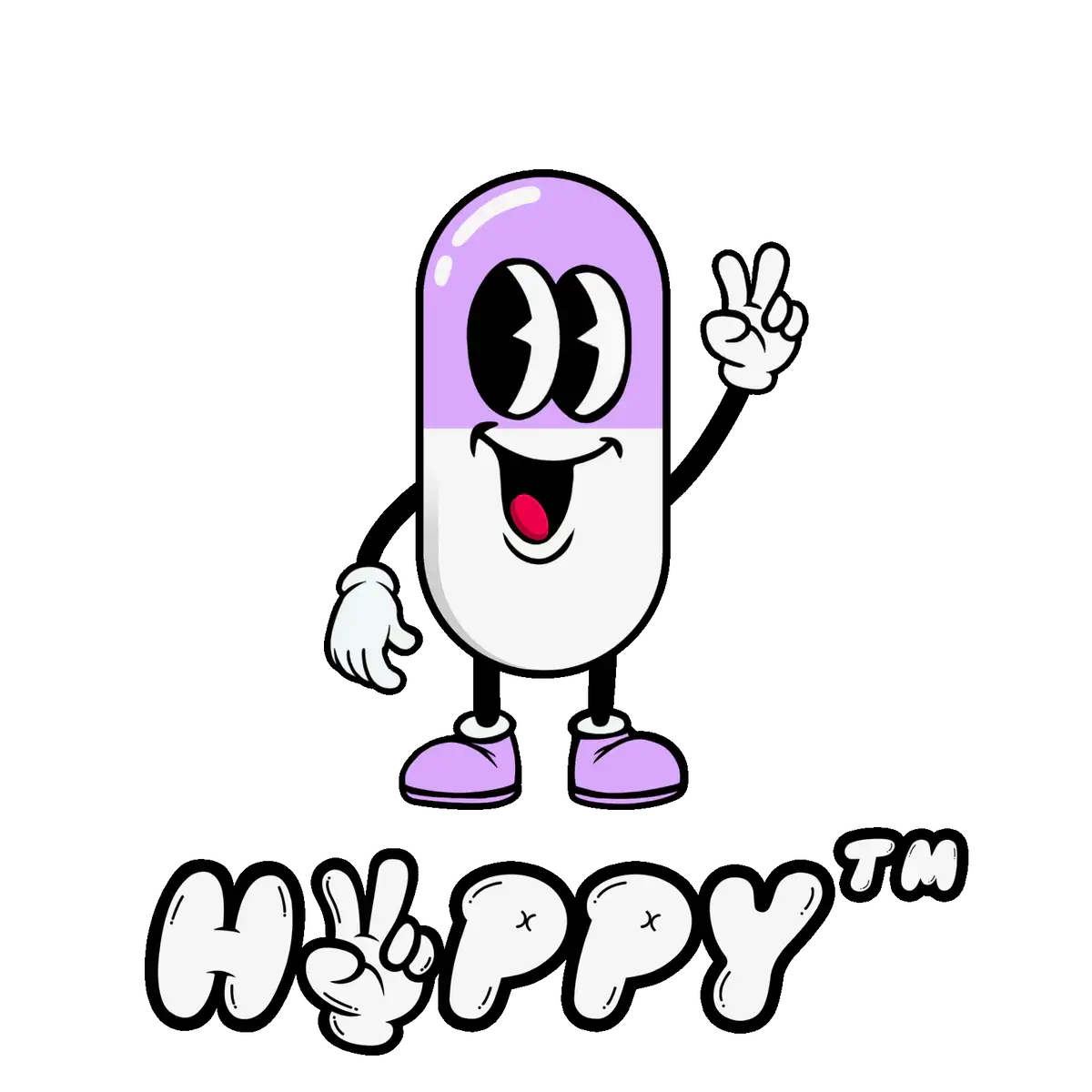 A smiling cartoon pill with a purple top and white bottom flashes a peace sign. HIPPY™ shines below in playful white letters with peace signs as Ps against black. Discover the calming essence of Kanna with Vegas Party Favors HVPPY™ HIGHDration 2X!.