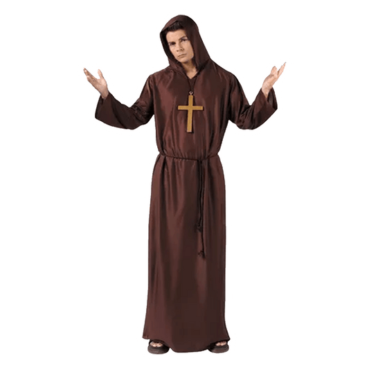 Wearing the Adult Monk Robe by Vegas Party Favors, a person stands in solemnity with arms raised, palms up. The traditional brown robe with hood and large cross necklace makes it an ideal Halloween costume against the plain white backdrop.