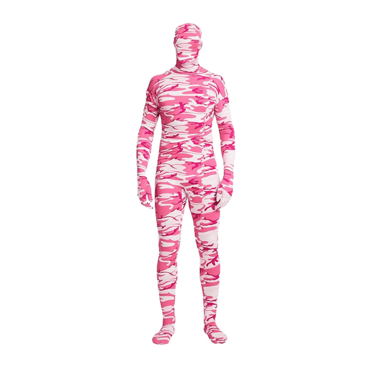 An individual wears the Vegas Party Favors Full Bodysuit Unisex Spandex, adorned with a pink and white camouflage pattern, including face covering. The Zentai Cosplay Costume envelops the entire body from head to toe against a plain white background.