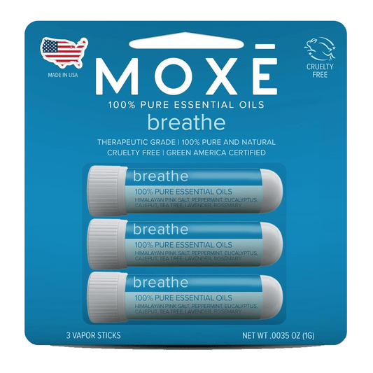 The MOXE Breathe inhaler by Vegas Party Favors features a 3-pack of tubes with 100% pure essential oils like peppermint and lavender, enhanced with Himalayan pink salt for sinus relief. The packaging highlights cruelty-free production and Made in the USA authenticity.