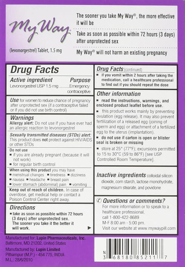 The image shows the Vegas Party Favors’ My Way Emergency Contraceptive package, similar to Plan B One-Step by Busuna. It features Levonorgestrel as the active ingredient, including dosage instructions, drug facts, allergen warnings, side effects info, and contact details for adverse reaction reporting.