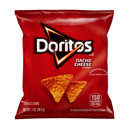 A 1 oz bag of Doritos Tortilla Chips Nacho Cheese from Vegas Party Favors features the iconic logo and two chip images, offering a flavorful 150-calorie snack.