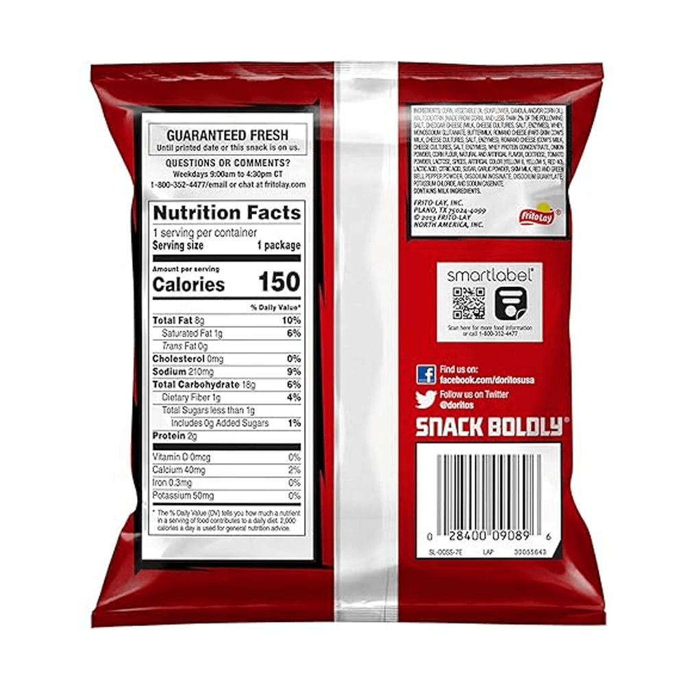 The back of the Doritos Tortilla Chips Nacho Cheese 1 Oz bag from Vegas Party Favors shows nutritional facts and social media info. The red and white package features calorie and fat details, perfect for nacho cheese lovers. A barcode and the slogan Snack Boldly are at the bottom.