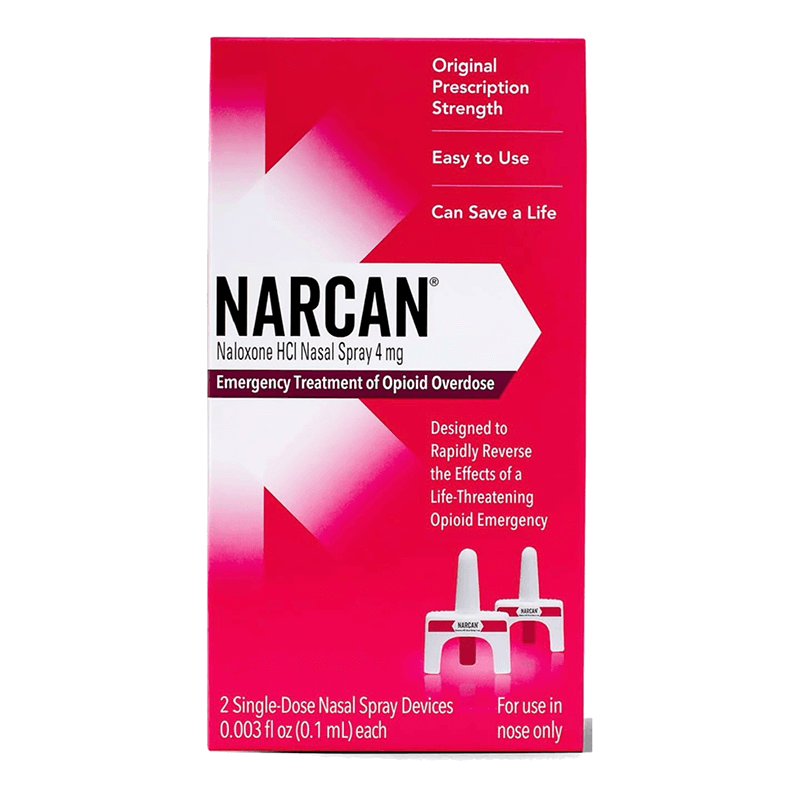 The image displays a red and white box of NARCAN Nasal Spray 4 mg from Vegas Party Favors, designed for emergency opioid overdose treatment. The packaging highlights its lifesaving potential and simplicity, providing two single-dose naloxone nasal spray devices.