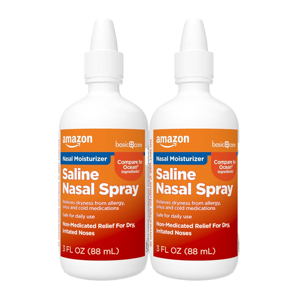 Two 3 fl oz bottles of Vegas Party Favors Saline Nasal Moisturizing Spray are displayed, featuring orange labels that detail their non-medicated, instantly soothing mist for allergy and cold-related dryness relief.