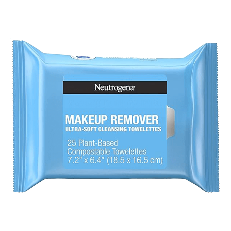 A package of Vegas Party Favors Neutrogena Makeup Remover Cleansing Towelettes Refill Pack contains 25 compostable wipes, ideal for removing waterproof mascara. The dimensions are 7.2 x 6.4 (18.5 x 16.5 cm).