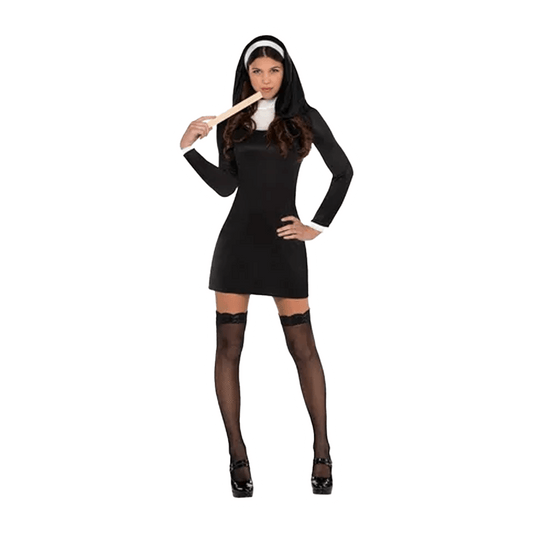 A woman confidently poses in the Adult Blessed Babe Nun Costume by Vegas Party Favors, featuring a short black and white dress, veil, and thigh-high stockings while holding a ruler against a white backdrop. Perfect for Halloween, it offers an edgy twist on the classic nun attire.