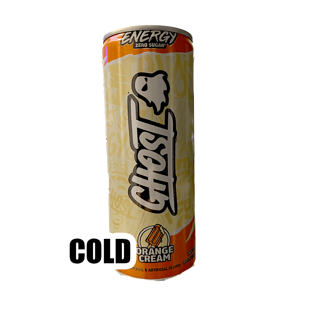 The 8oz Ghost Energy Orange Cream drink by Vegas Party Favors comes in a white and orange can with a ghost logo, featuring a COLD sticker on the side.