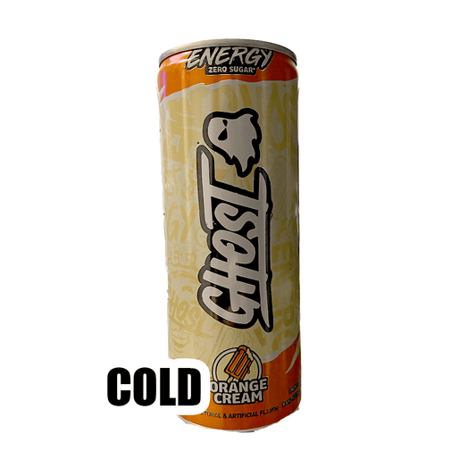 The 8oz Ghost Energy Orange Cream drink by Vegas Party Favors comes in a white and orange can with a ghost logo, featuring a COLD sticker on the side.