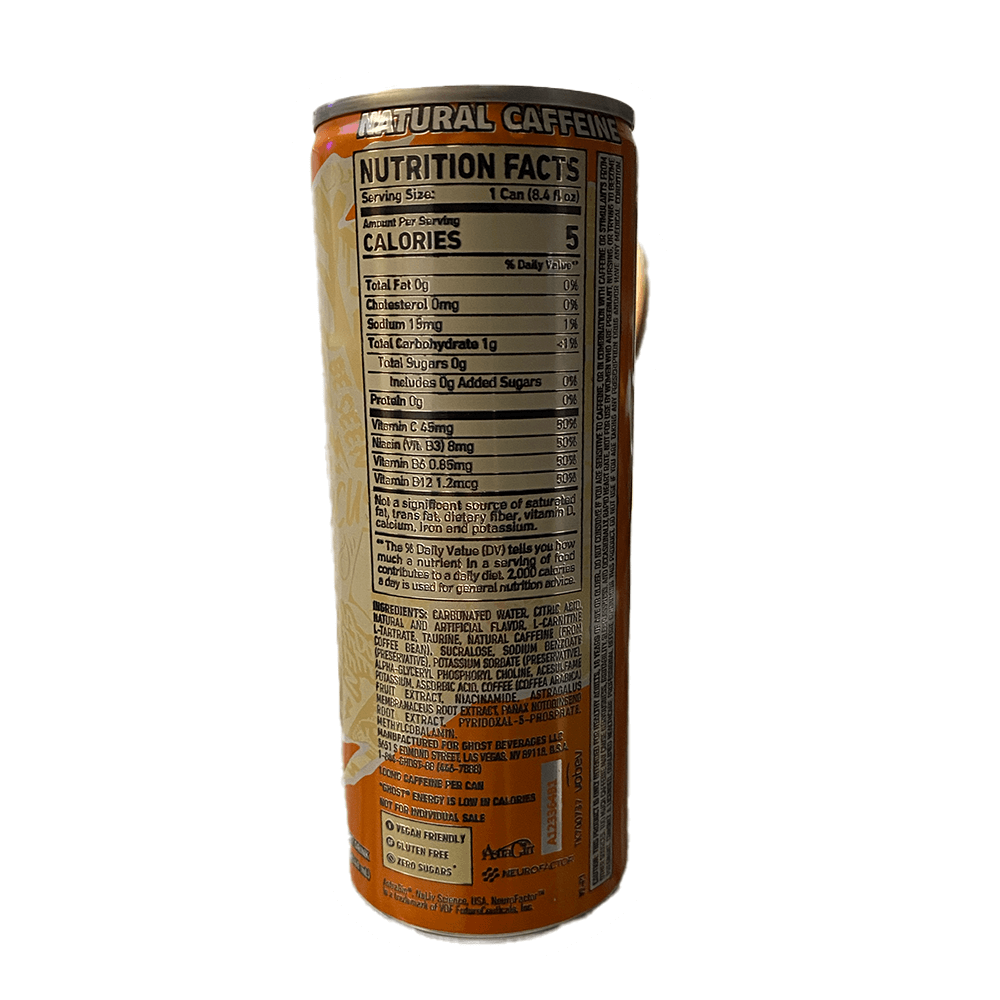 A can of Ghost Energy Orange Cream from Vegas Party Favors, featuring nutritional facts like calorie count and vitamin content, comes in an orange can with a white background.