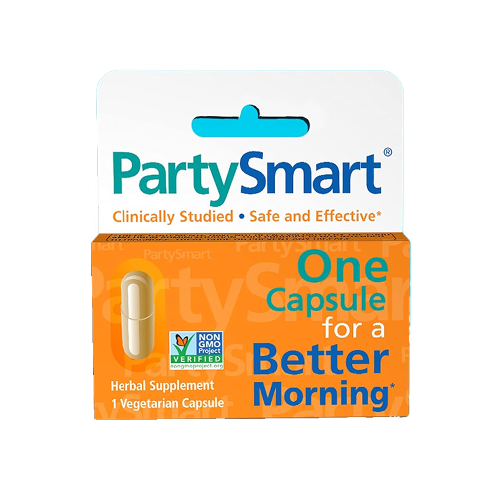 An orange box labeled Himalaya PartySmart by Vegas Party Favors, with a transparent section showing one vegetarian capsule. It reads “One Capsule for a Better Morning,” featuring the Non-GMO Project Verified logo, and includes clinically studied herbal ingredients for liver support and alcohol processing.