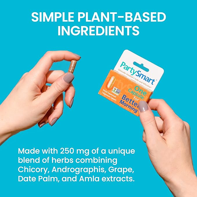 Two hands hold a capsule and its packaging labeled Himalaya PartySmart, One Capsule for a Better Morning After Drinking by Vegas Party Favors, featuring Simple Plant-Based Ingredients. The herbs listed include Chicory, Andrographis, Grape, Date Palm, and Amla extracts for liver support.