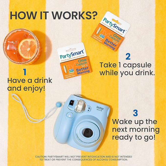 A flat lay features a blue instant camera, a cocktail, and two packs of Vegas Party Favors Himalaya PartySmart capsules on a yellow and white striped background. Steps: 1. Have a drink, 2. Take a PartySmart capsule with herbal support for your liver, 3. Wake up ready to go.