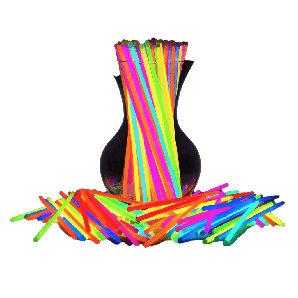 A Vegas Party Favors black vase brims with dazzling PartySticks 100 Ultra Bright Glow Sticks in neon pink, orange, yellow, and green. Extra glow sticks are scattered around the base for a party vibe. The image is outlined with a stylish white border.