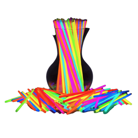 A Vegas Party Favors black vase brims with dazzling PartySticks 100 Ultra Bright Glow Sticks in neon pink, orange, yellow, and green. Extra glow sticks are scattered around the base for a party vibe. The image is outlined with a stylish white border.