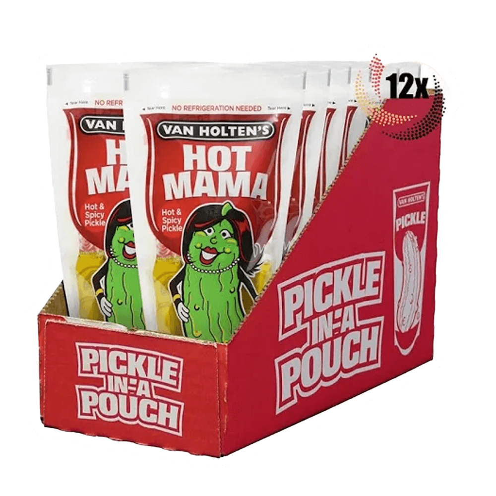 A display box contains 12 pouches of Vegas Party Favors Van Holtens Hot Mama Pickle, 9 oz. Each gluten-free pouch features a cartoon pickle on a red background and Pickle-In-A-Pouch on the front, offering bold and spicy flavors for any pickle enthusiast.