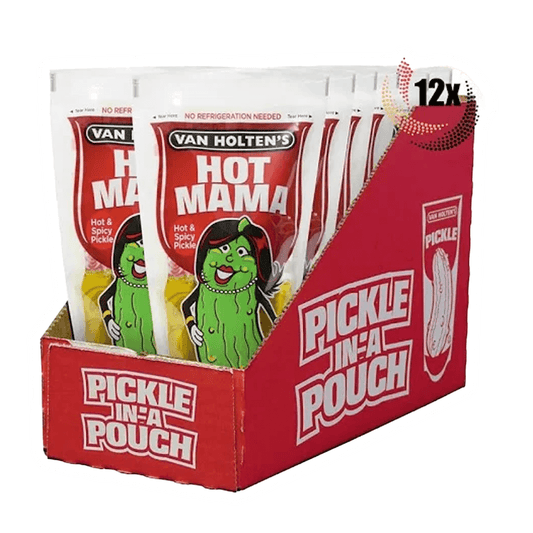 A display box contains 12 pouches of Vegas Party Favors Van Holtens Hot Mama Pickle, 9 oz. Each gluten-free pouch features a cartoon pickle on a red background and Pickle-In-A-Pouch on the front, offering bold and spicy flavors for any pickle enthusiast.