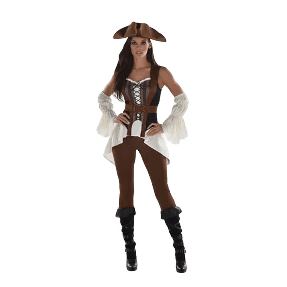 A person wearing the Womens Shipwrecked Pirate Costume from Vegas Party Favors, which includes a tricorn hat, brown pants, a corset-style top with white sleeves, and black boots, poses against a white background. Size Medium.