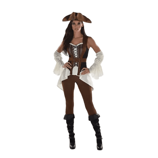 A person wearing the Womens Shipwrecked Pirate Costume from Vegas Party Favors, which includes a tricorn hat, brown pants, a corset-style top with white sleeves, and black boots, poses against a white background. Size Medium.