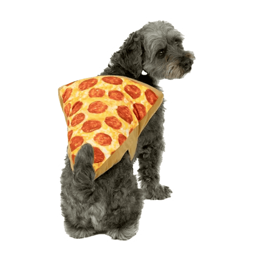 A fluffy gray dog is cozy in the Vegas Party Favors Pepperoni Pizza Slice Dog Costume, ideal for Halloween. The dog sits slightly turned, highlighting the playful pizza slice on its back.