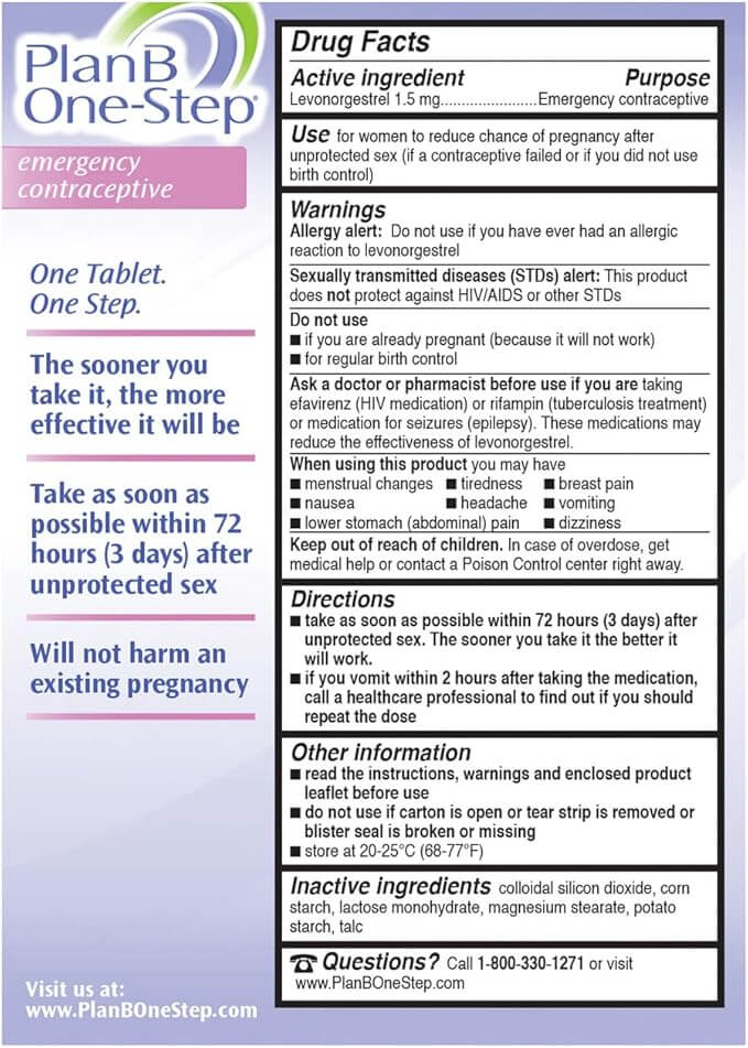 An informational image for Vegas Party Favors Plan B One-Step Emergency Contraceptive, 1.5 mg (1 Tablet), detailing active ingredients, usage instructions, warnings, and contact info. Slogan: The sooner you take it after birth control failure, the more effective it will be.