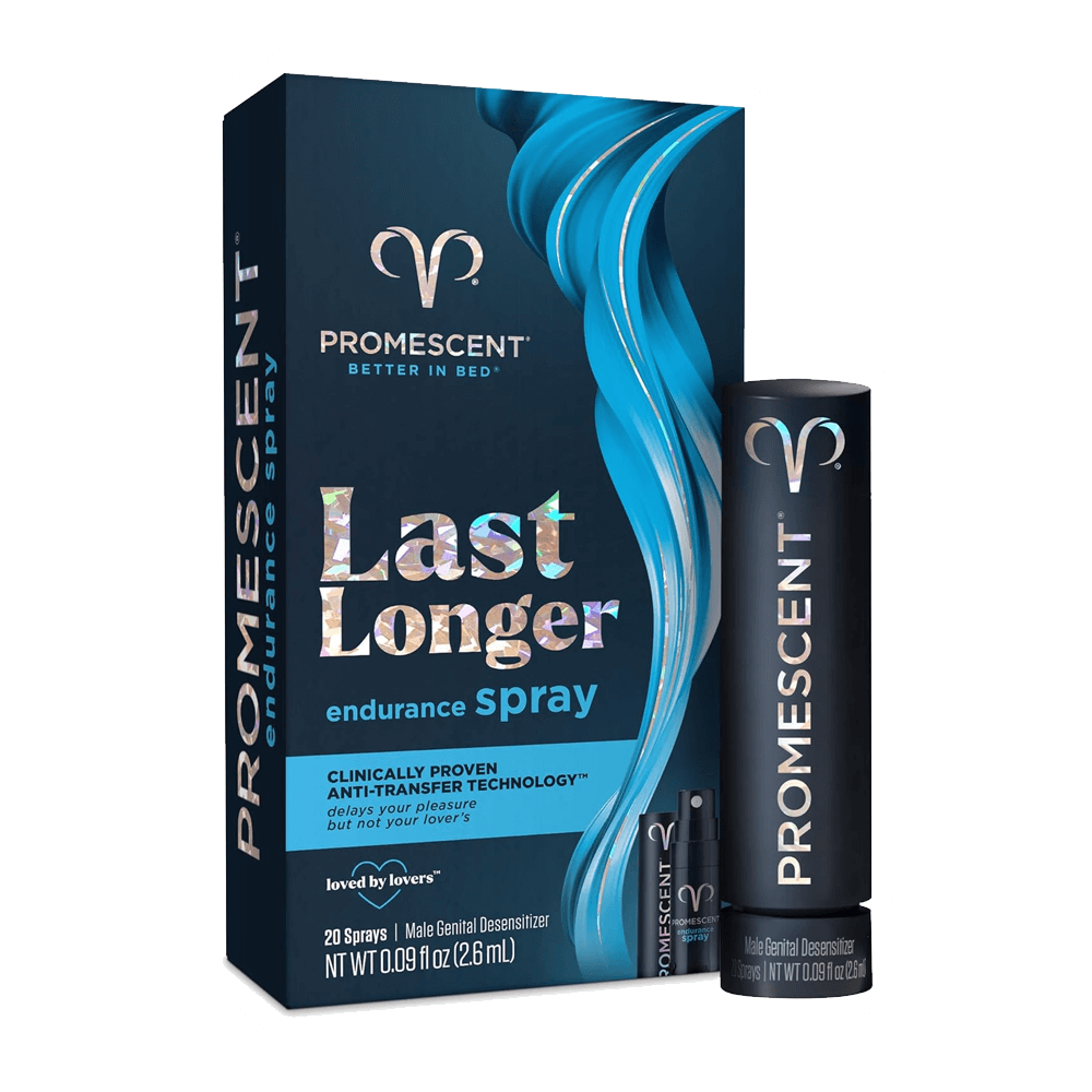 The image displays packaging for Vegas Party Favors Promescent Desensitizing Delay Spray, featuring blue waves on black. The product, with 20 sprays per 2.6 ml container, enhances male sexual performance by prolonging climax and maximizing sensation.